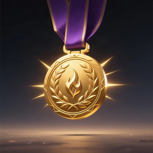An ornate gold achievement medal on a violet ribbon