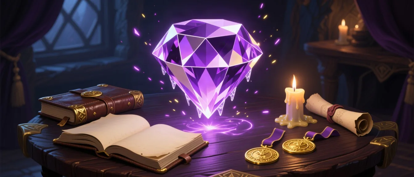 A glowing violet crystal gem above an adventurer's table with a journal, candle, and medallions