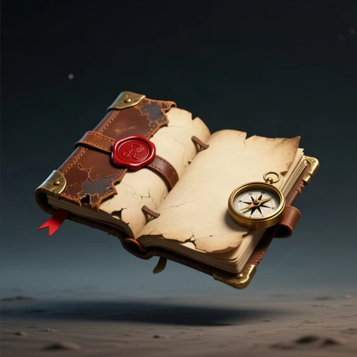 A battered leather field journal with a wax seal and compass