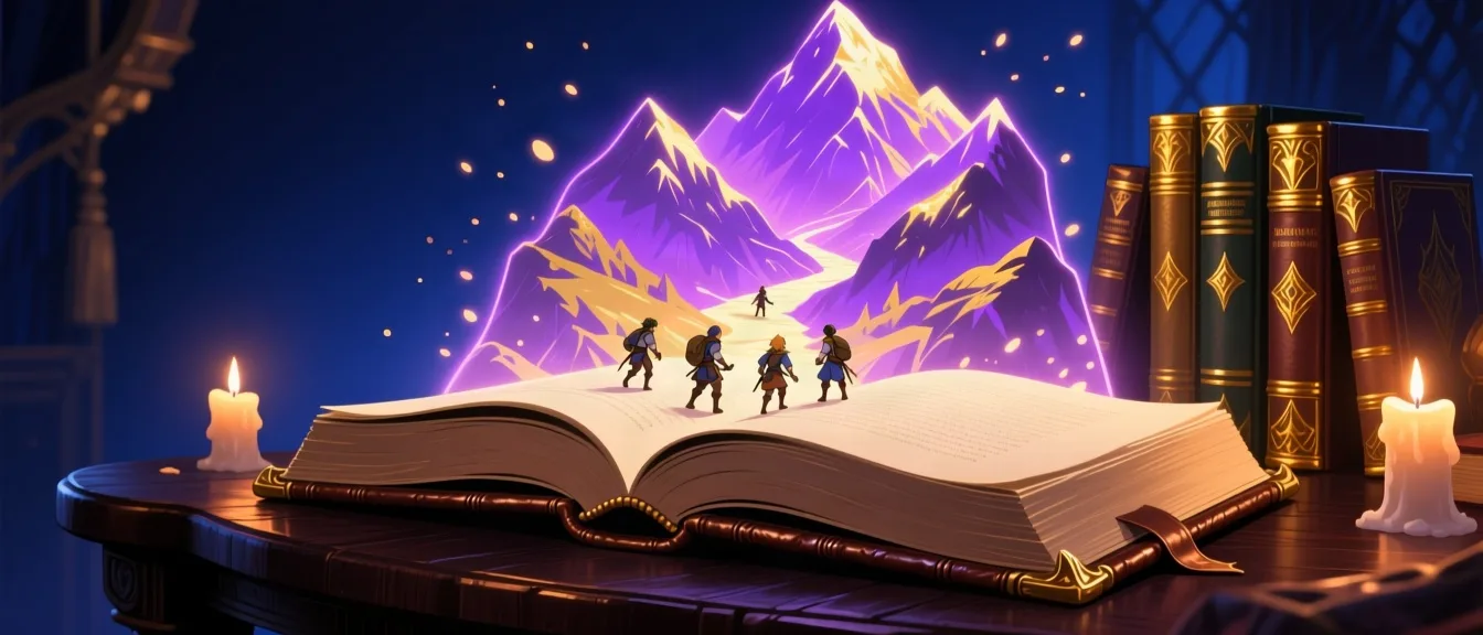 An open leather-bound book projecting a glowing scene of adventurers above its pages