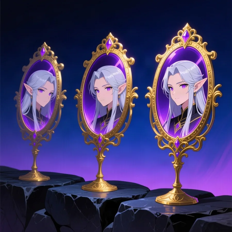 Three ornate mirrors reflecting the same face from slightly different angles