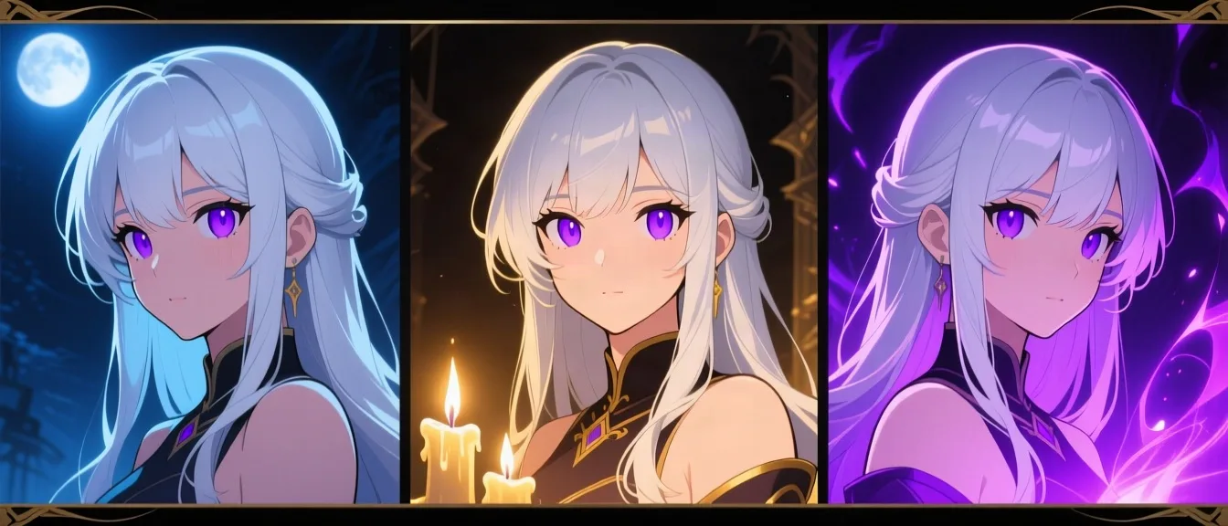The same silver-haired heroine shown in three different scenes with an unmistakably identical face