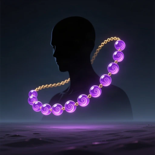 A strand of glowing memory orbs on a gold chain