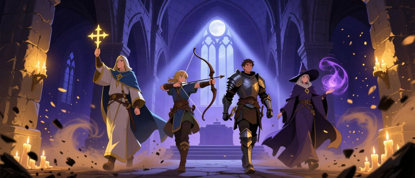 A party of four adventurers advancing through the moonlit nave of a ruined chapel