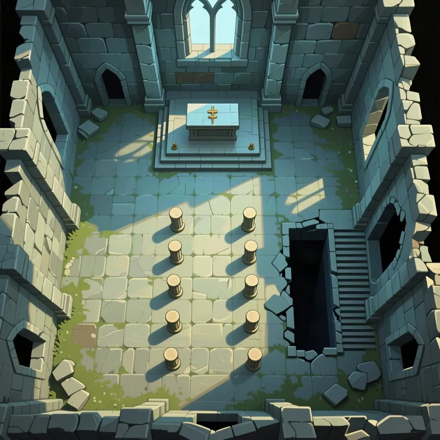 A top-down battle map of the same ruined chapel: the altar dais, two rows of pillar stumps, a crypt stair and a collapsed wall
