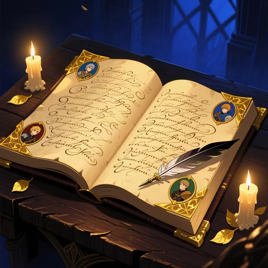 An open illuminated manuscript with painted portrait medallions of four adventurers in the margins
