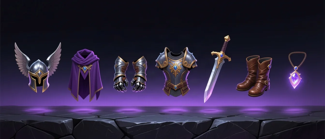 An armoured stand in a torch-lit armoury with gear pieces floating in an arc around it