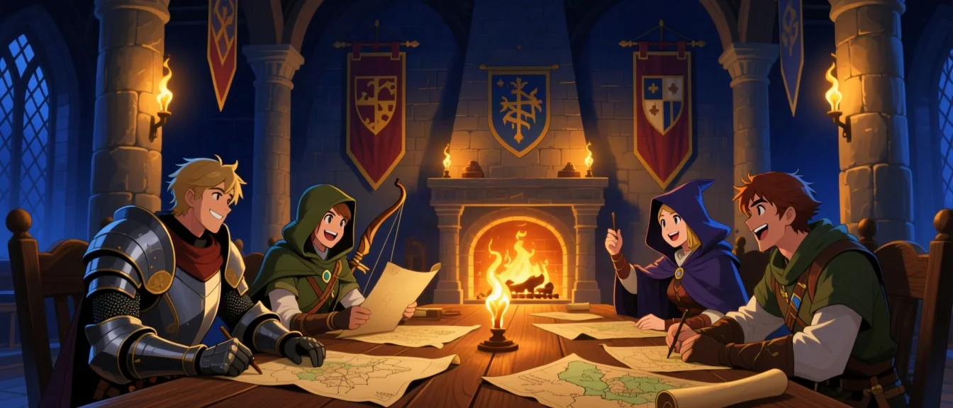 A party of adventurers gathered around a table in a torch-lit guild hall