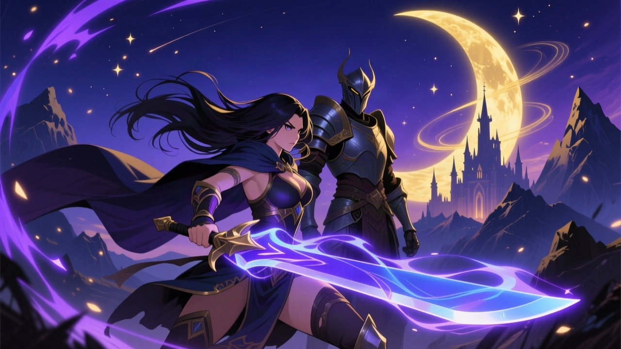 Two adventurers facing a fantasy citadel beneath a glowing moon