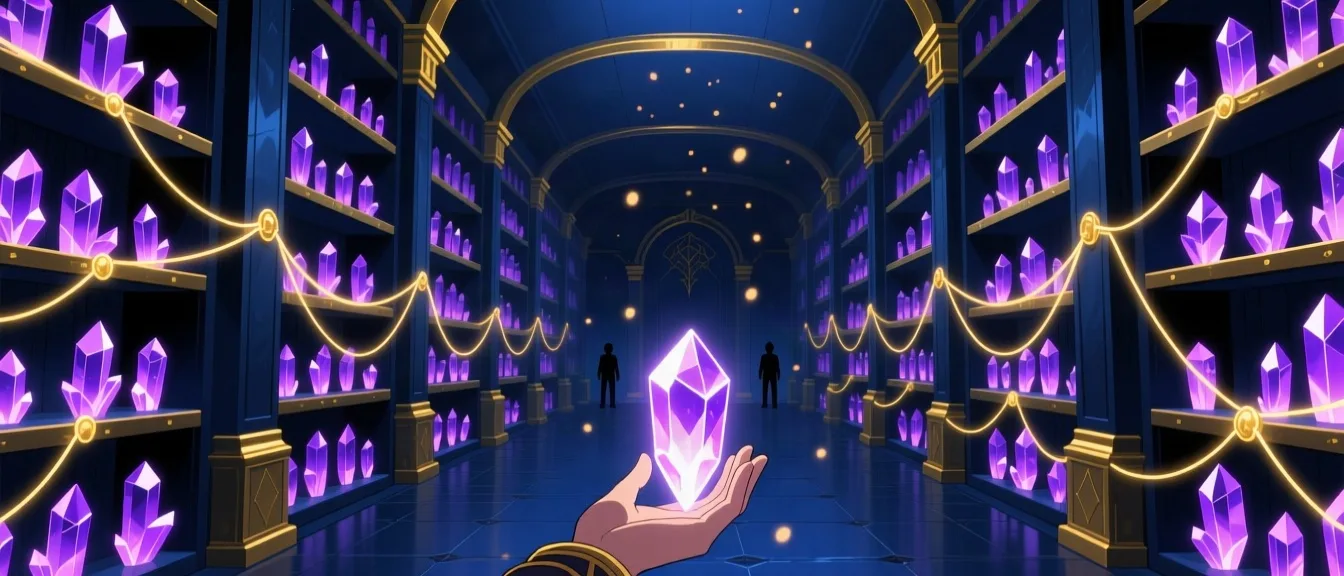 A vast archive hall of glowing memory-crystals with threads of light connecting a chosen few