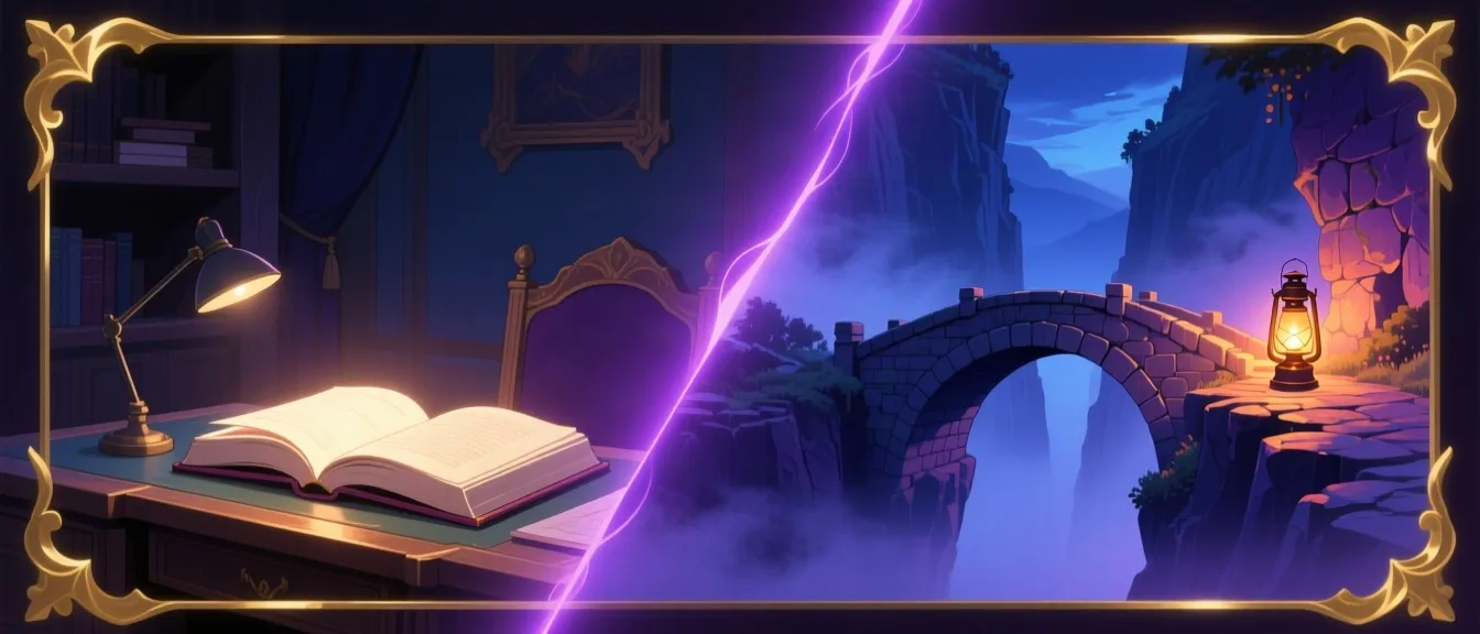 A split scene — a study with a glowing open book on one side, the world from that book on the other