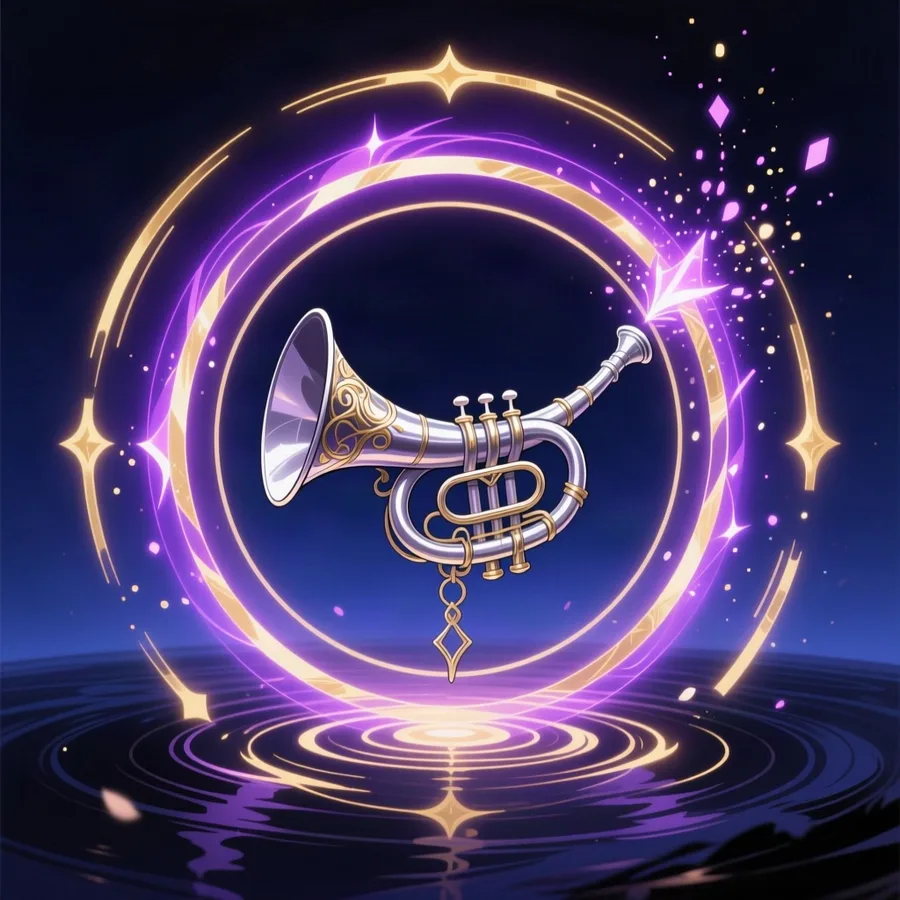 Glowing concentric sound rings expanding from a floating silver horn